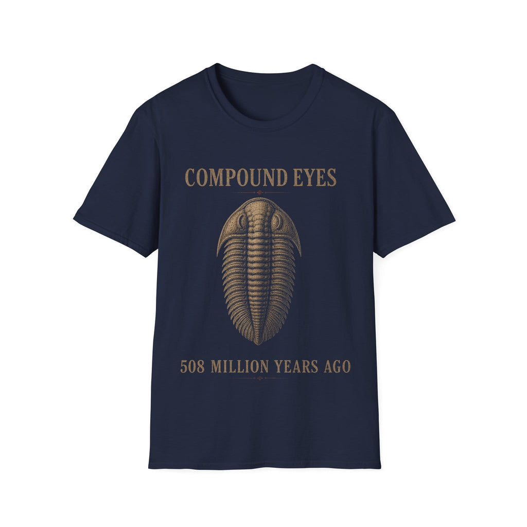Vintage stipple engraving illustration of a trilobite specimen centered between serif text reading 'COMPOUND EYES' and '508 MILLION YEARS AGO'.