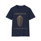 Vintage stipple engraving illustration of a trilobite specimen centered between serif text reading 'COMPOUND EYES' and '508 MILLION YEARS AGO'.