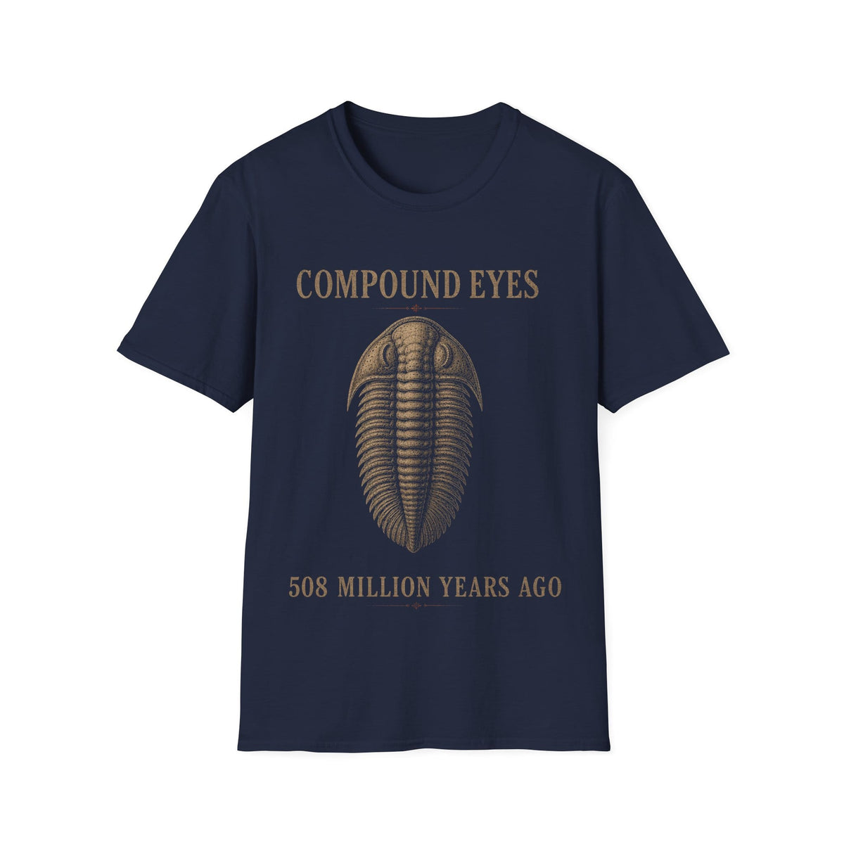 Vintage stipple engraving illustration of a trilobite specimen centered between serif text reading 'COMPOUND EYES' and '508 MILLION YEARS AGO'.