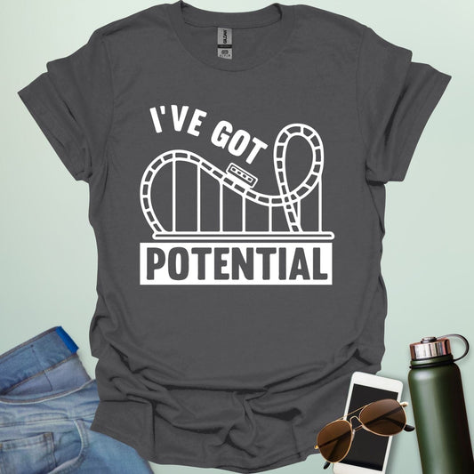 I've Got Potential' t-shirt with a white graphic of a rollercoaster