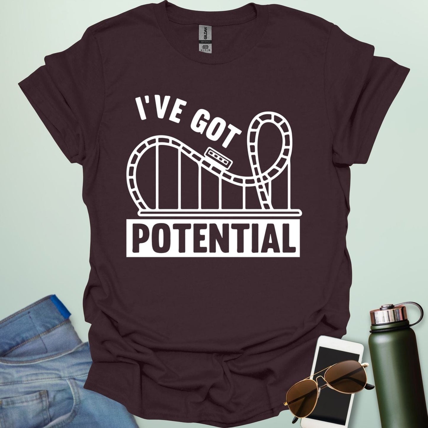 I've Got Potential' t-shirt with a white graphic of a rollercoaster