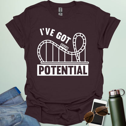I've Got Potential' t-shirt with a white graphic of a rollercoaster