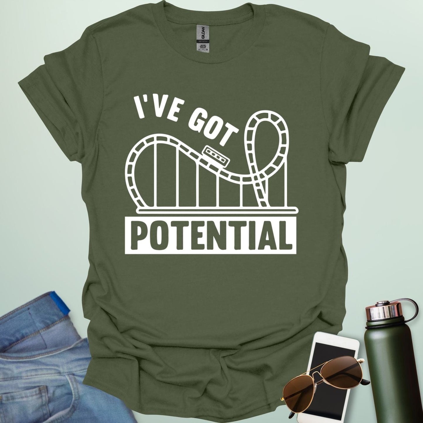 I've Got Potential' t-shirt with a white graphic of a rollercoaster