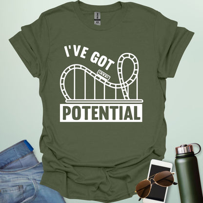 I've Got Potential' t-shirt with a white graphic of a rollercoaster