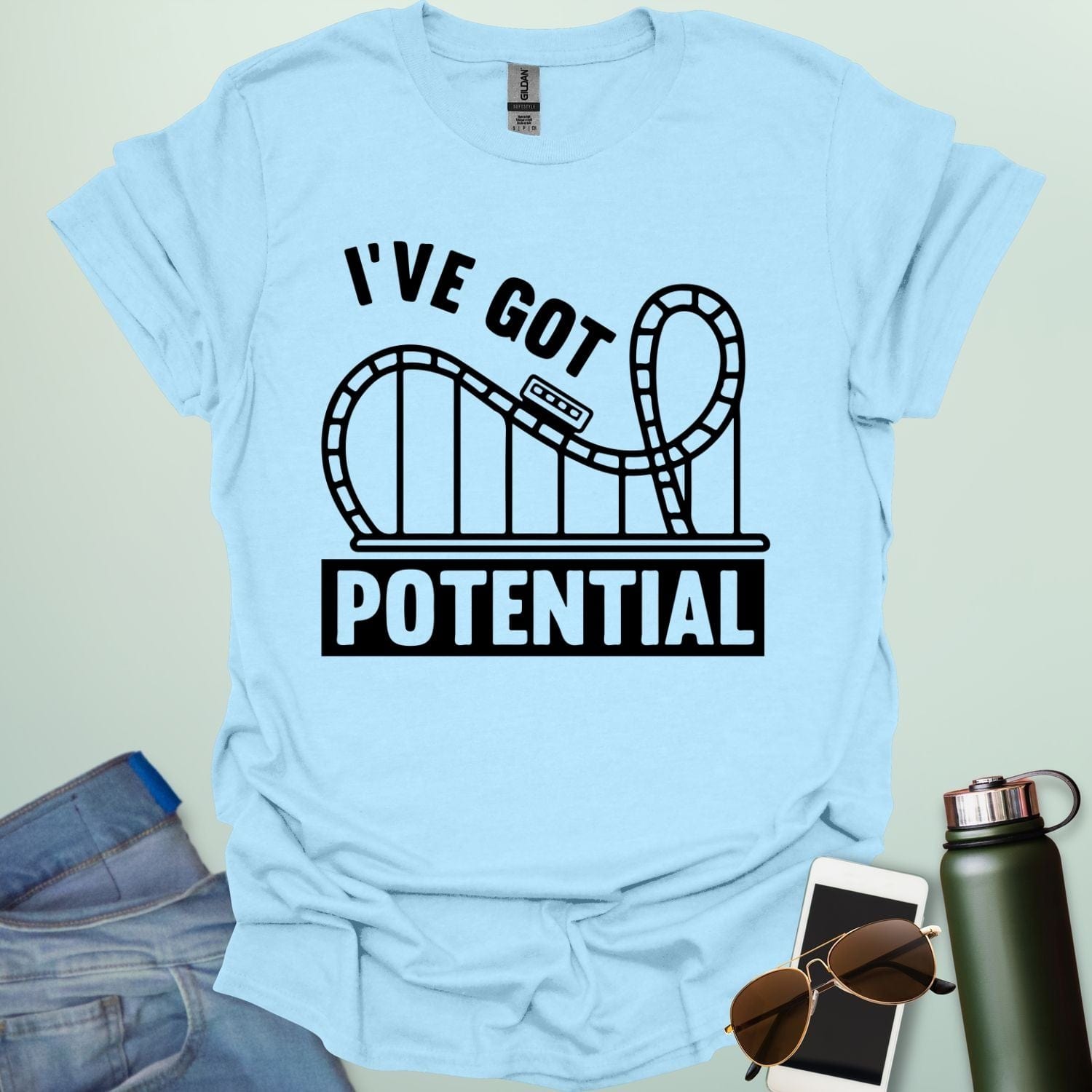 I've Got Potential' t-shirt with a white graphic of a rollercoaster