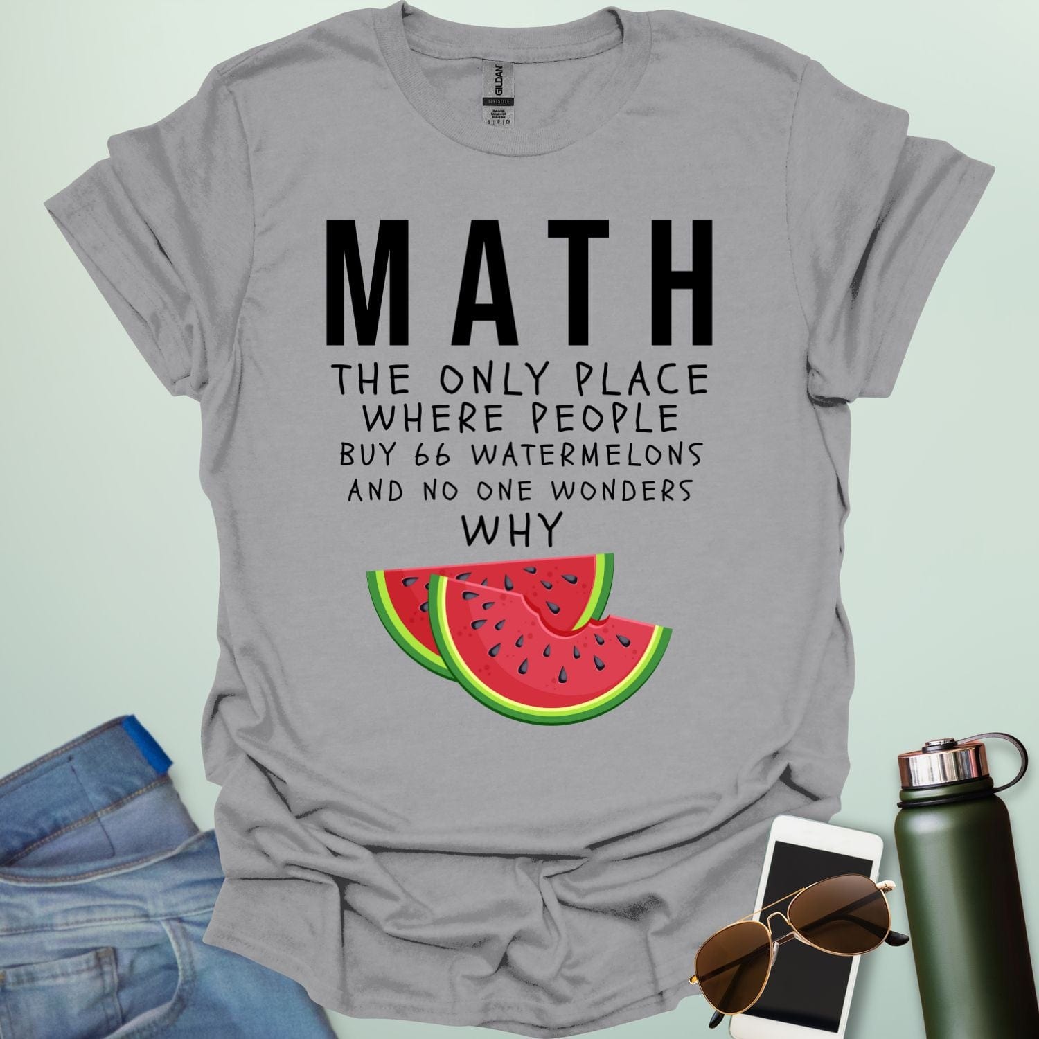MATH: the only place people buy 66 watermelons and no one wonders why t-shirt featuring text and two watermelon slice graphic—funny math humor tee.