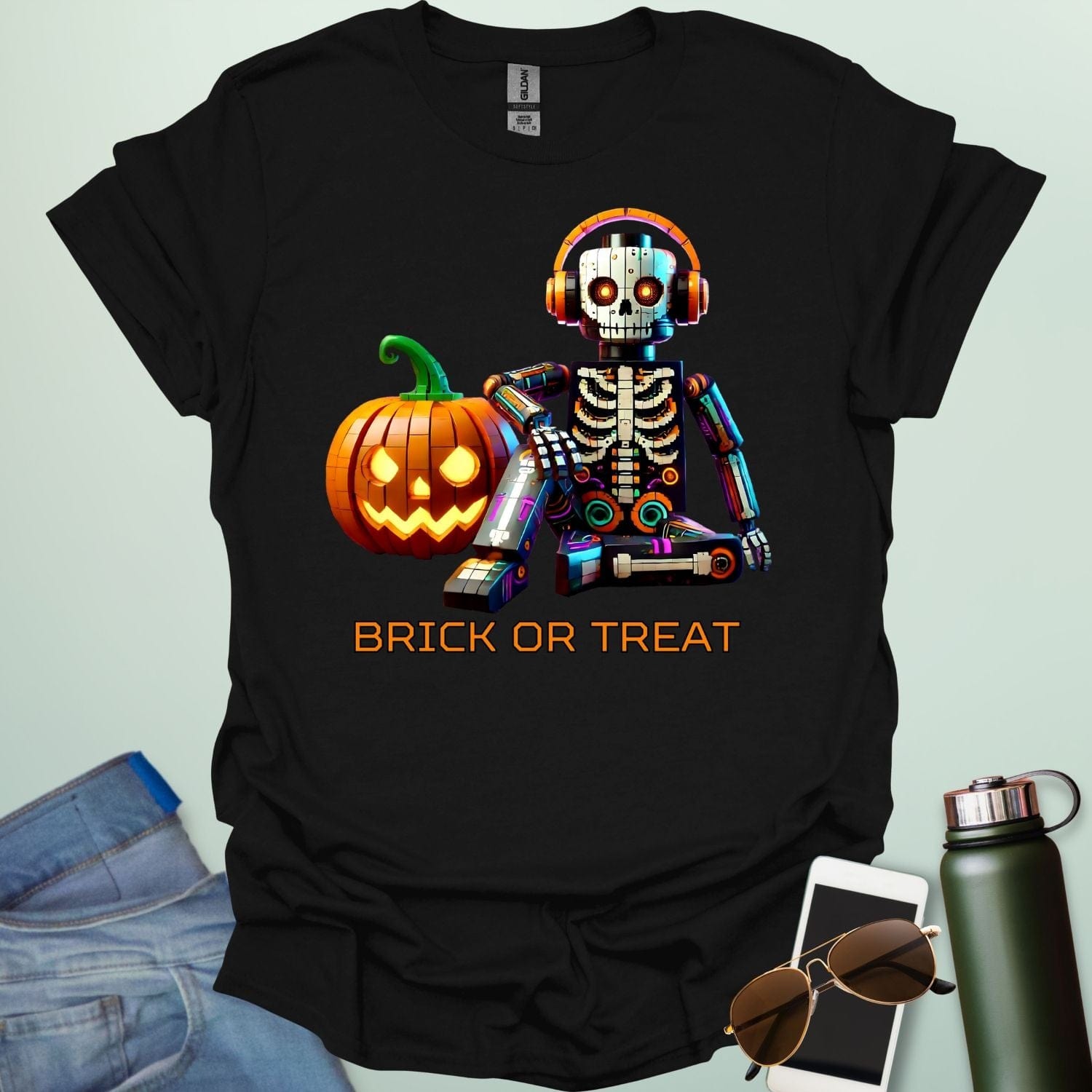 Brick-or-Treat t-shirt with playful brick-inspired Halloween design combining spooky fun and STEM creativity.