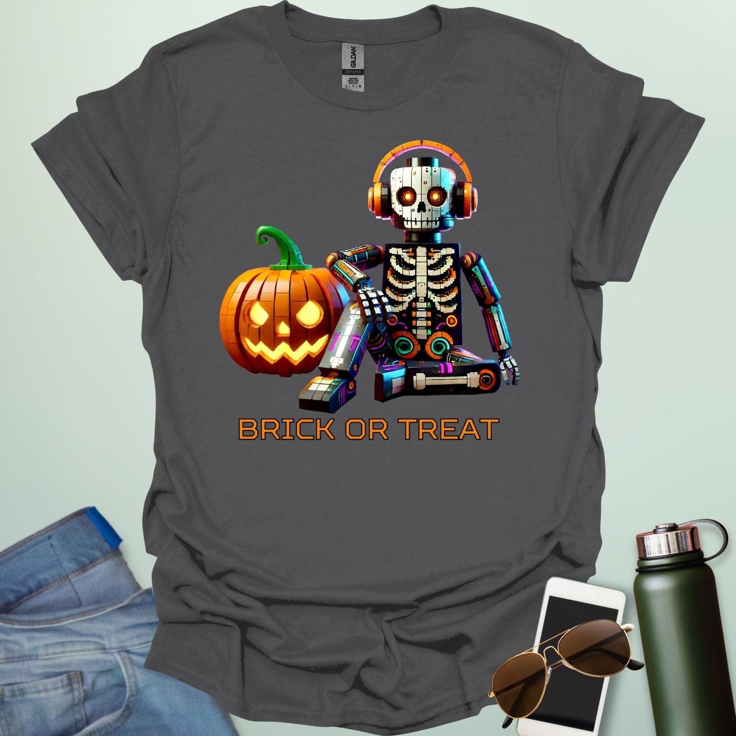 Brick-or-Treat t-shirt with playful brick-inspired Halloween design combining spooky fun and STEM creativity.
