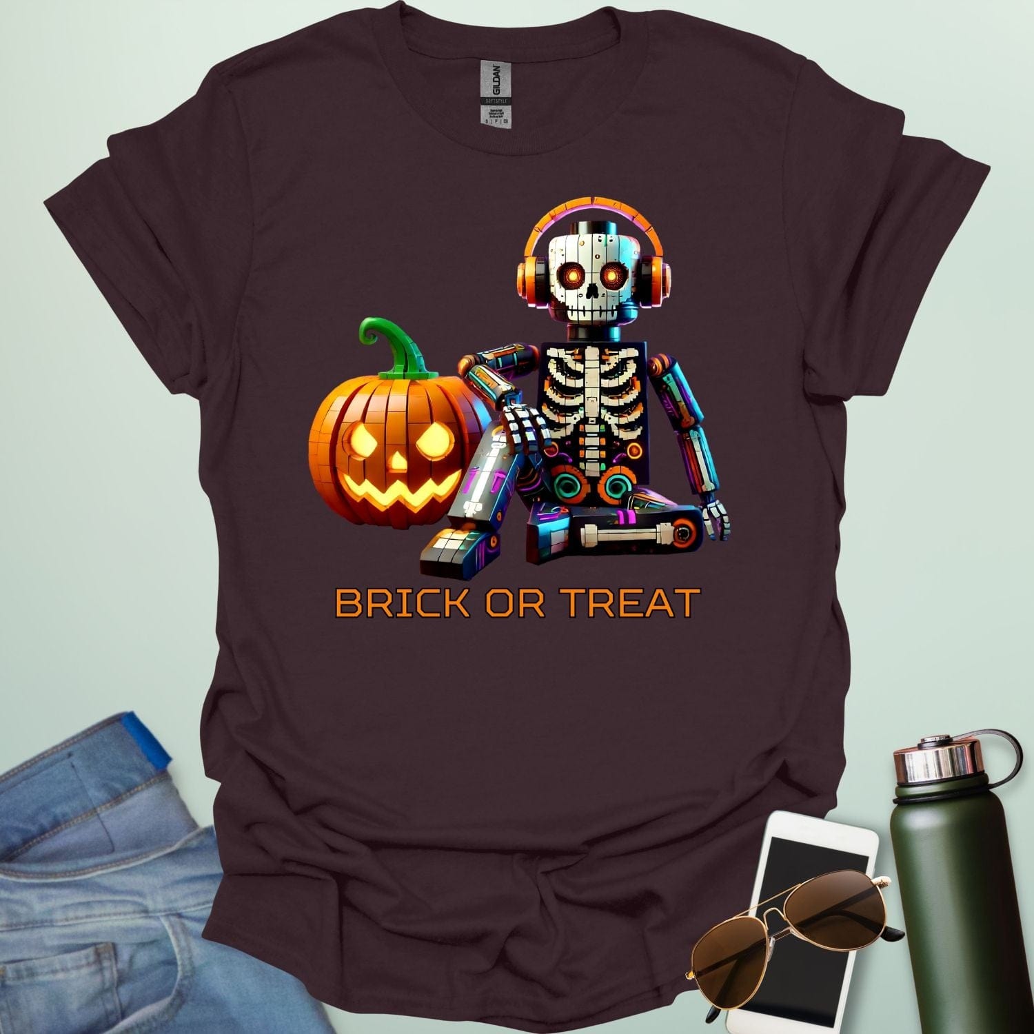 Brick-or-Treat t-shirt with playful brick-inspired Halloween design combining spooky fun and STEM creativity.