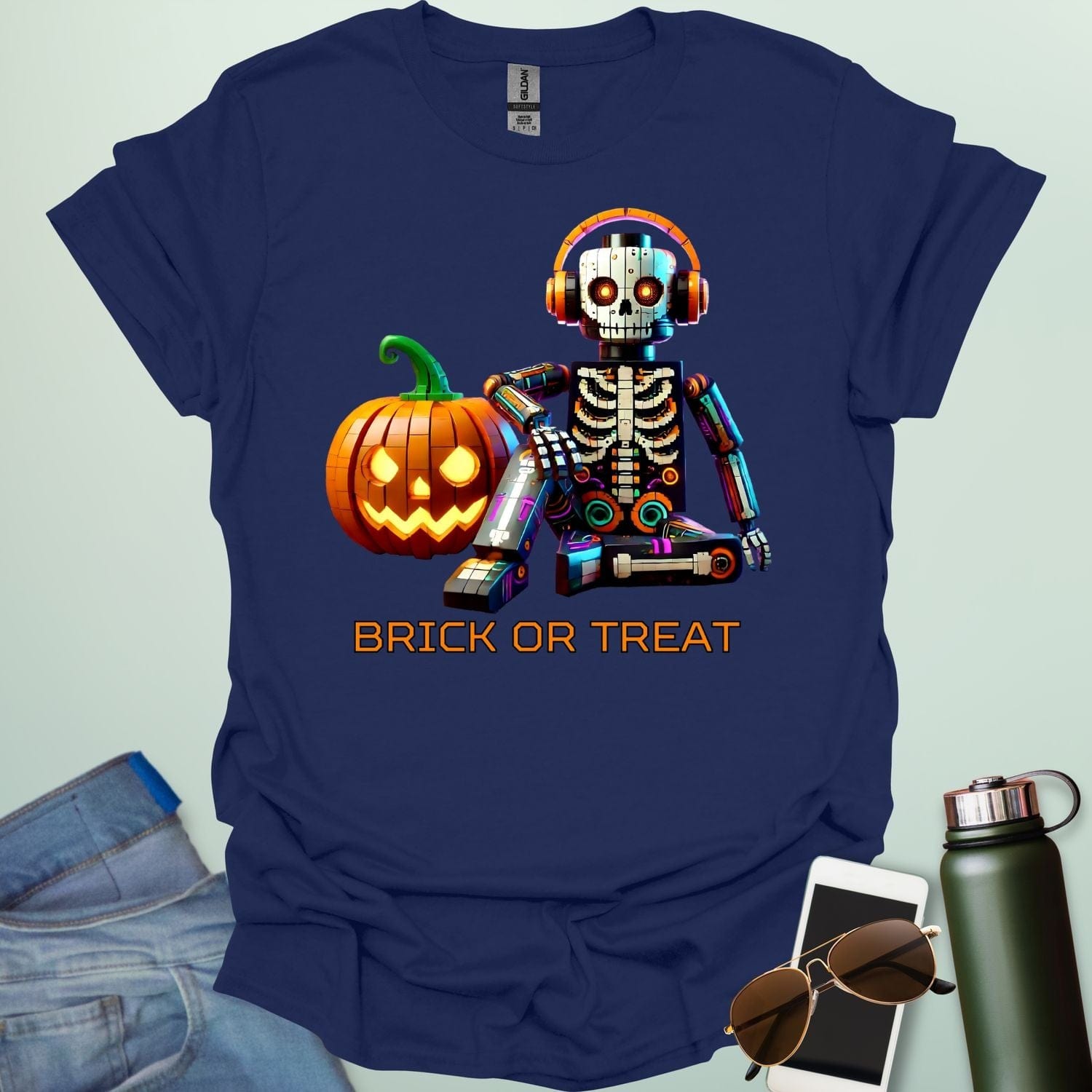 Brick-or-Treat t-shirt with playful brick-inspired Halloween design combining spooky fun and STEM creativity.