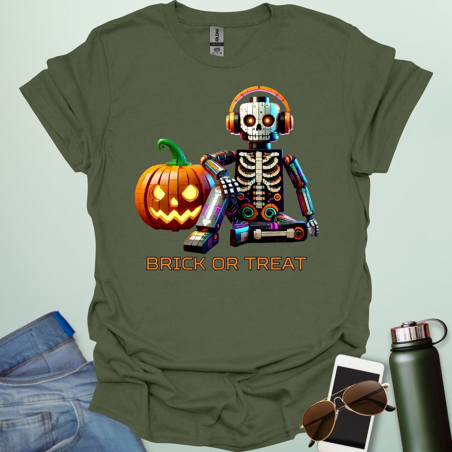 Brick-or-Treat t-shirt with playful brick-inspired Halloween design combining spooky fun and STEM creativity.