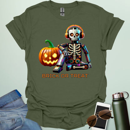 Brick-or-Treat t-shirt with playful brick-inspired Halloween design combining spooky fun and STEM creativity.