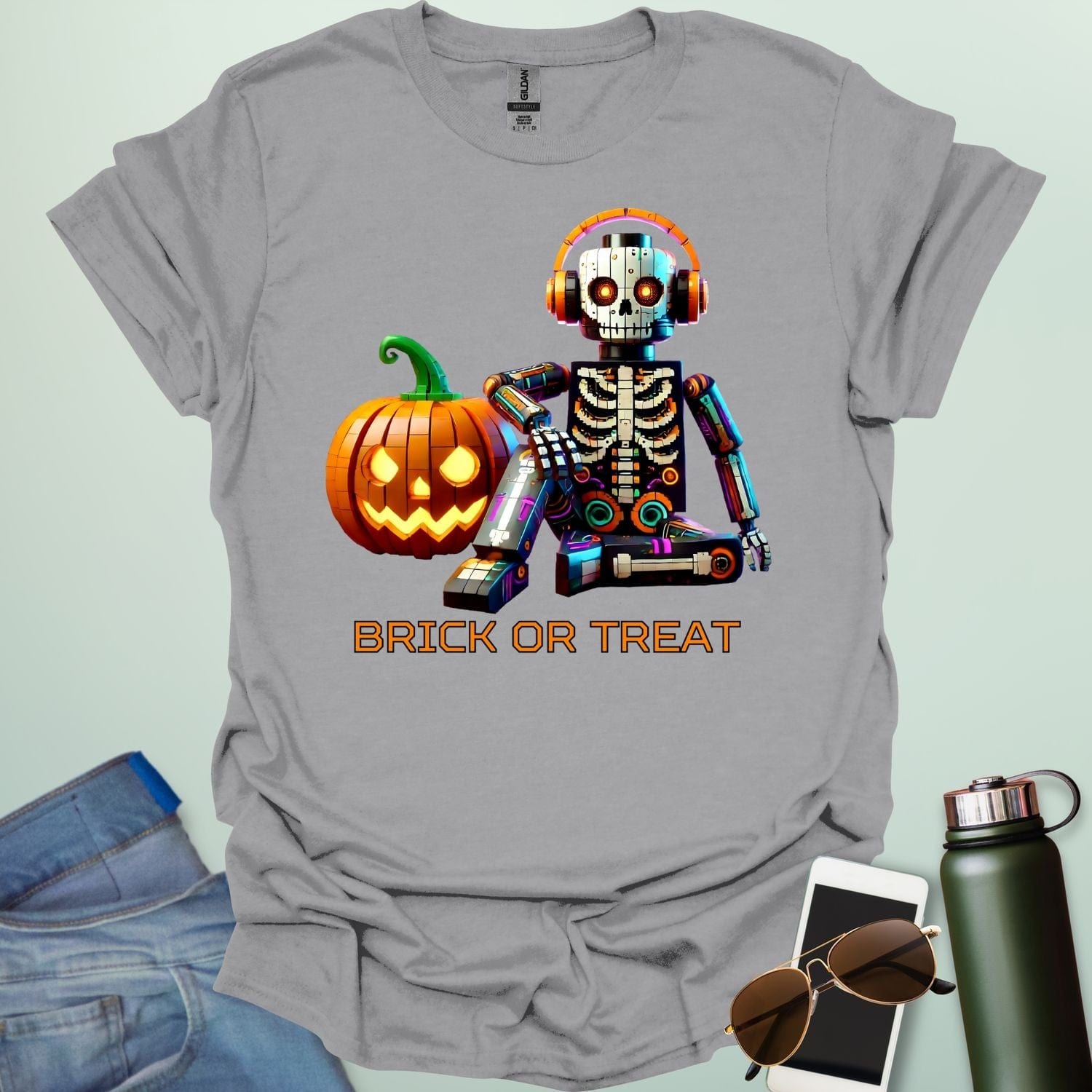 Brick-or-Treat t-shirt with playful brick-inspired Halloween design combining spooky fun and STEM creativity.