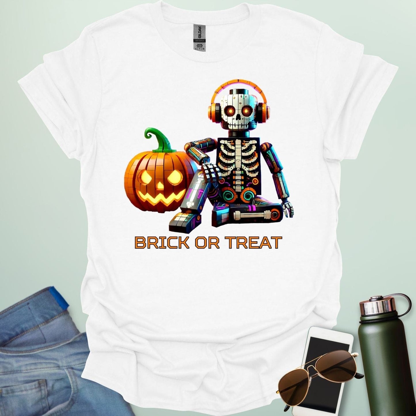 Brick-or-Treat t-shirt with playful brick-inspired Halloween design combining spooky fun and STEM creativity.