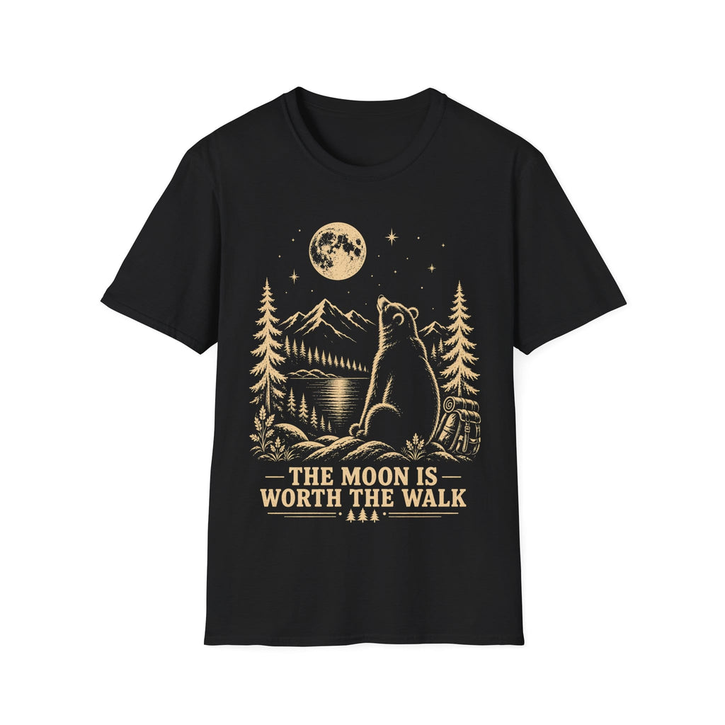 Vintage linocut-style illustration of a bear sitting beside a backpack, gazing up at a full moon over mountains and pine trees with text reading 'THE MOON IS WORTH THE WALK'.