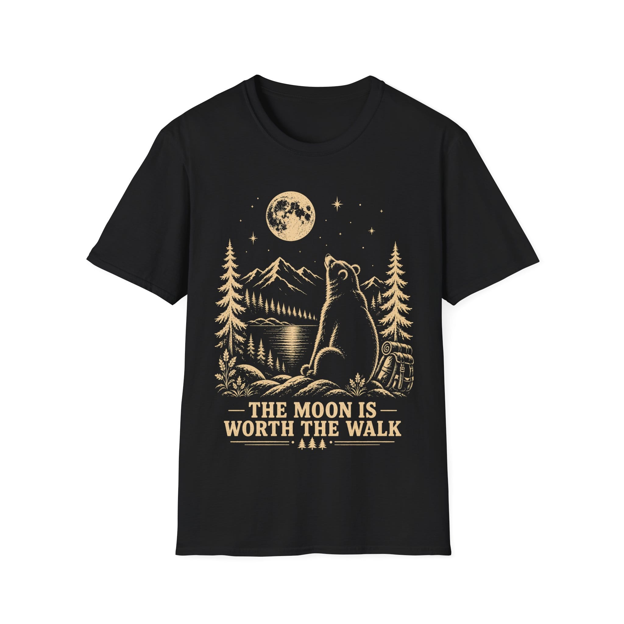 Vintage linocut-style illustration of a bear sitting beside a backpack, gazing up at a full moon over mountains and pine trees with text reading 'THE MOON IS WORTH THE WALK'.