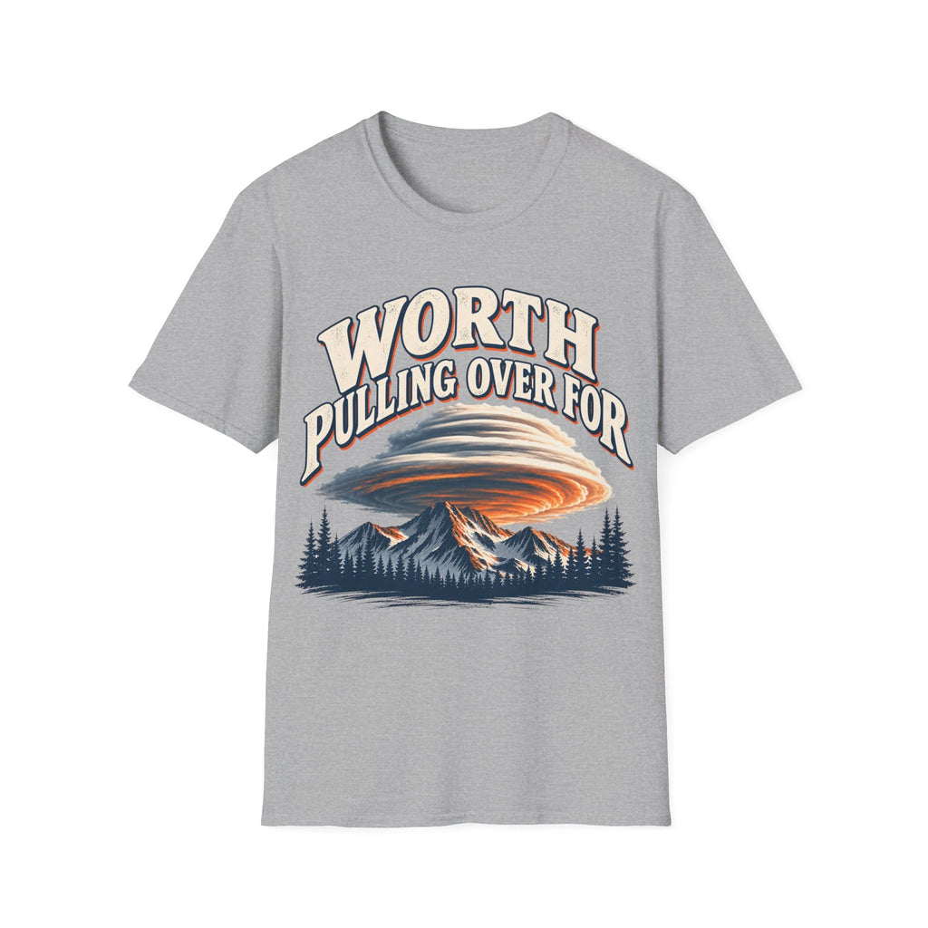 Vintage-style graphic design featuring arched text reading 'WORTH PULLING OVER FOR' above a massive lenticular cloud formation hovering over mountain peaks and pine trees.