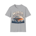Vintage-style graphic design featuring arched text reading 'WORTH PULLING OVER FOR' above a massive lenticular cloud formation hovering over mountain peaks and pine trees.
