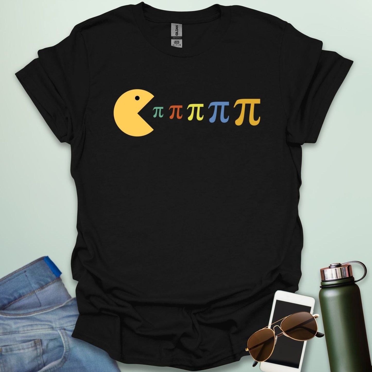 A Pac-Man-like figure eating colorful Pi symbols on a dark blue background.