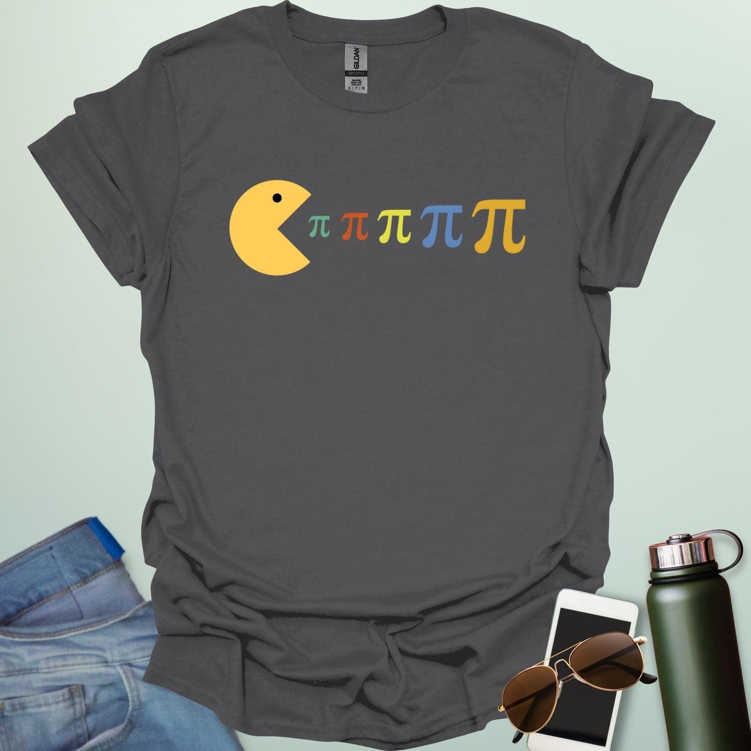 A Pac-Man-like figure eating colorful Pi symbols on a dark blue background.