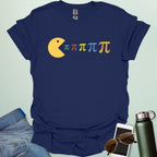 A Pac-Man-like figure eating colorful Pi symbols on a dark blue background.