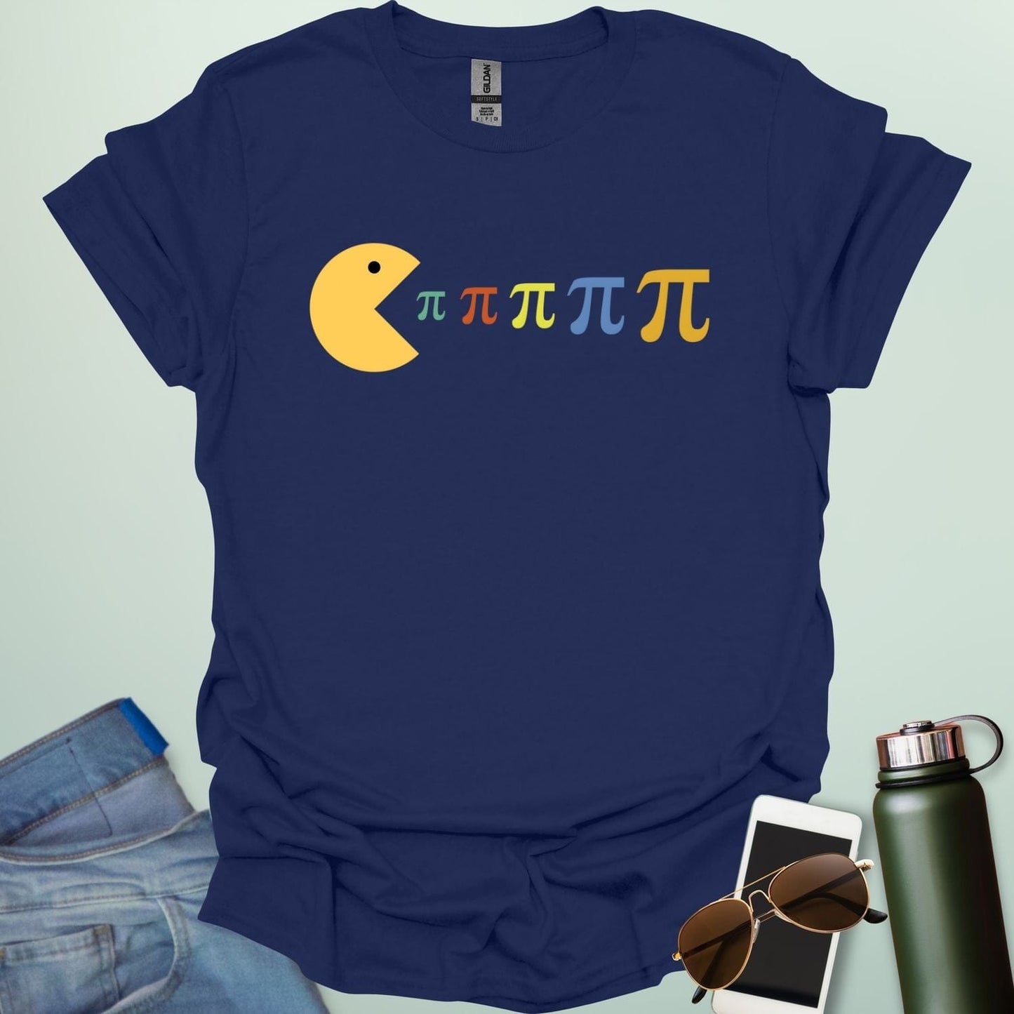 A Pac-Man-like figure eating colorful Pi symbols on a dark blue background.