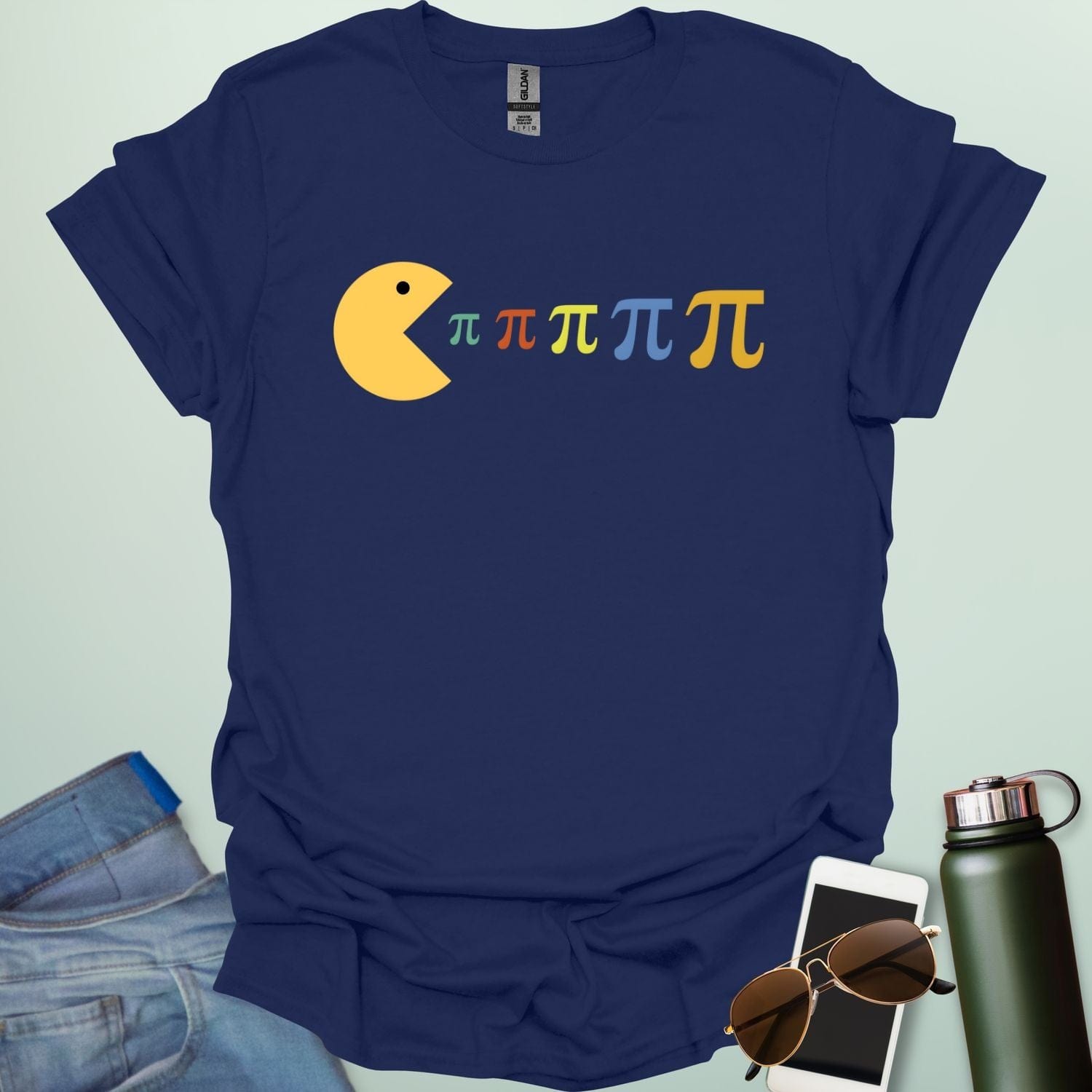 A Pac-Man-like figure eating colorful Pi symbols on a dark blue background.