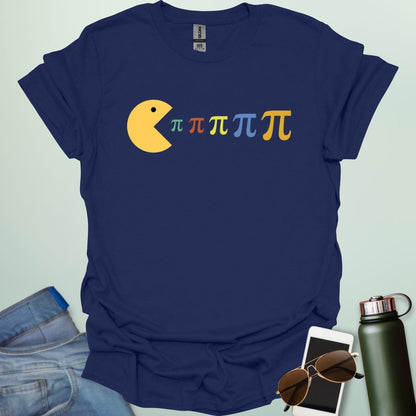 A Pac-Man-like figure eating colorful Pi symbols on a dark blue background.