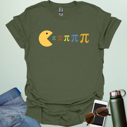 A Pac-Man-like figure eating colorful Pi symbols on a dark blue background.