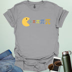 A Pac-Man-like figure eating colorful Pi symbols on a dark blue background.