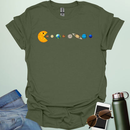 A Pac-Man-like character eating the planets of the solar system, with the sun as its mouth.