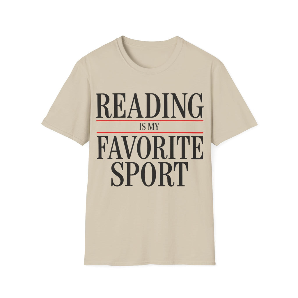 Bold graphic typography reading 'READING IS MY FAVORITE SPORT' framed by red horizontal rule lines.