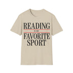 Bold graphic typography reading 'READING IS MY FAVORITE SPORT' framed by red horizontal rule lines.