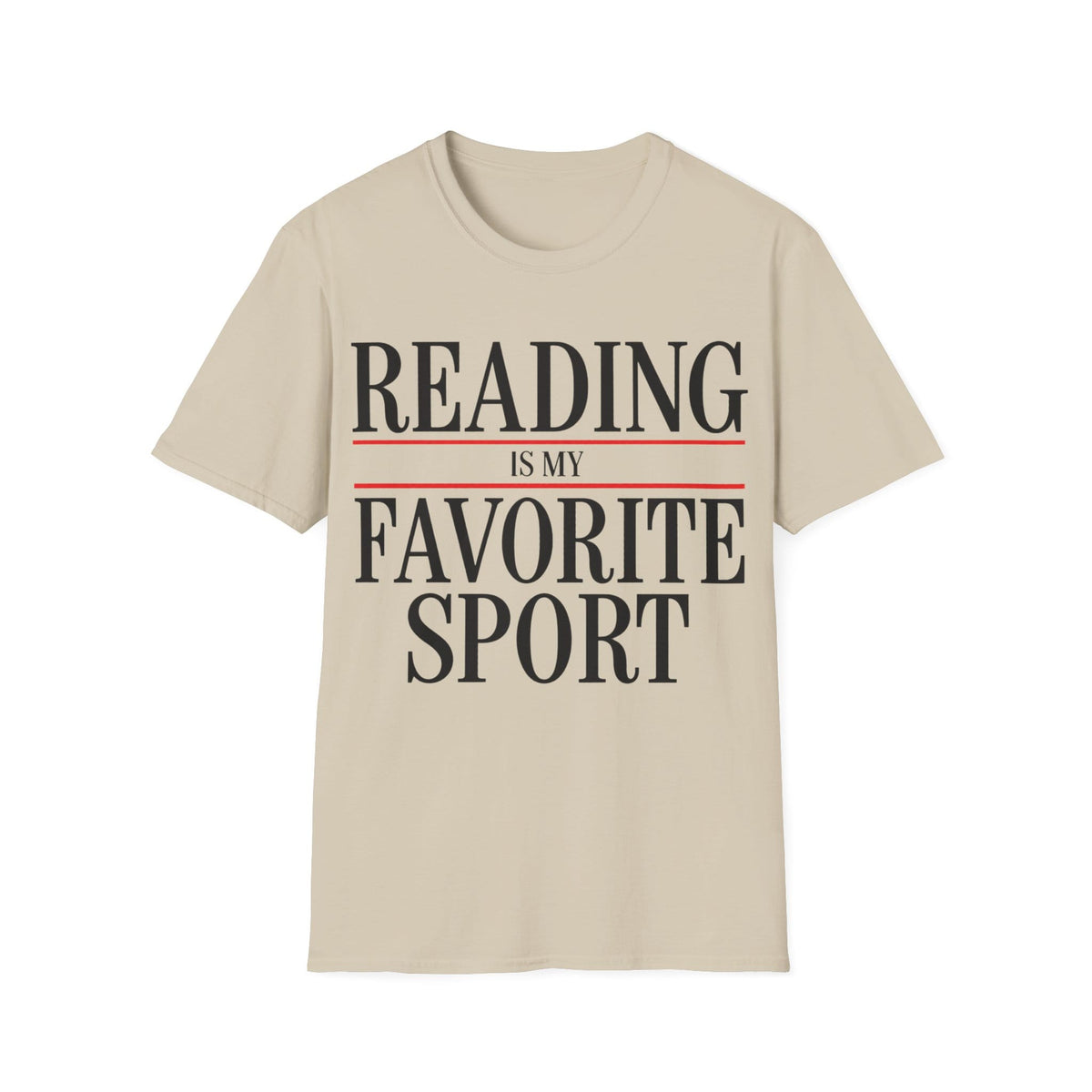 Bold graphic typography reading 'READING IS MY FAVORITE SPORT' framed by red horizontal rule lines.