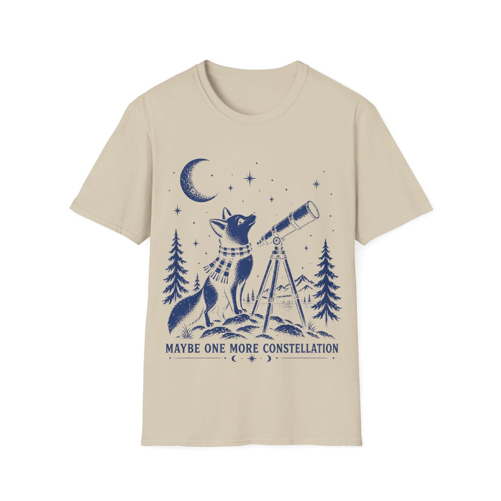 Vintage illustration of a fox wearing a plaid scarf gazing into a brass telescope framed by pine trees, a crescent moon, and text reading 'MAYBE ONE MORE CONSTELLATION'.