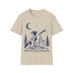 Vintage illustration of a fox wearing a plaid scarf gazing into a brass telescope framed by pine trees, a crescent moon, and text reading 'MAYBE ONE MORE CONSTELLATION'.