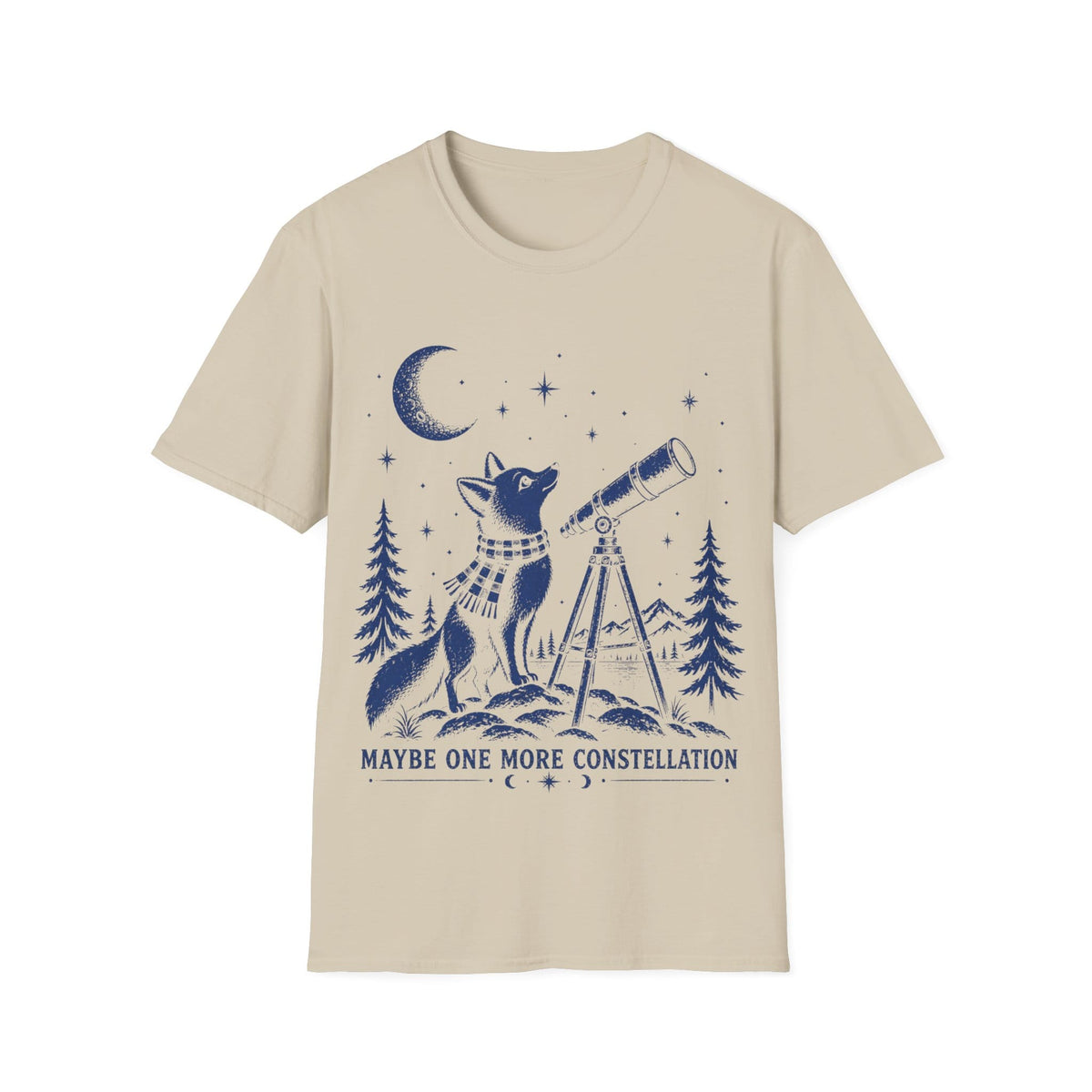 Vintage illustration of a fox wearing a plaid scarf gazing into a brass telescope framed by pine trees, a crescent moon, and text reading 'MAYBE ONE MORE CONSTELLATION'.