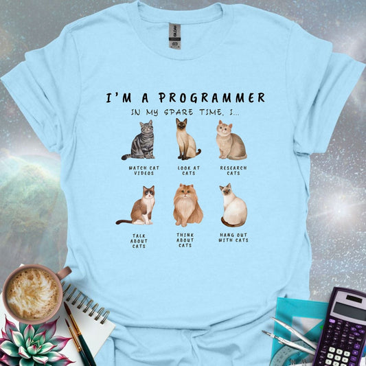 T-shirt design featuring six cat illustrations with the text 'I'm a Programmer - In My Spare Time, I...' and various cat-related activities.