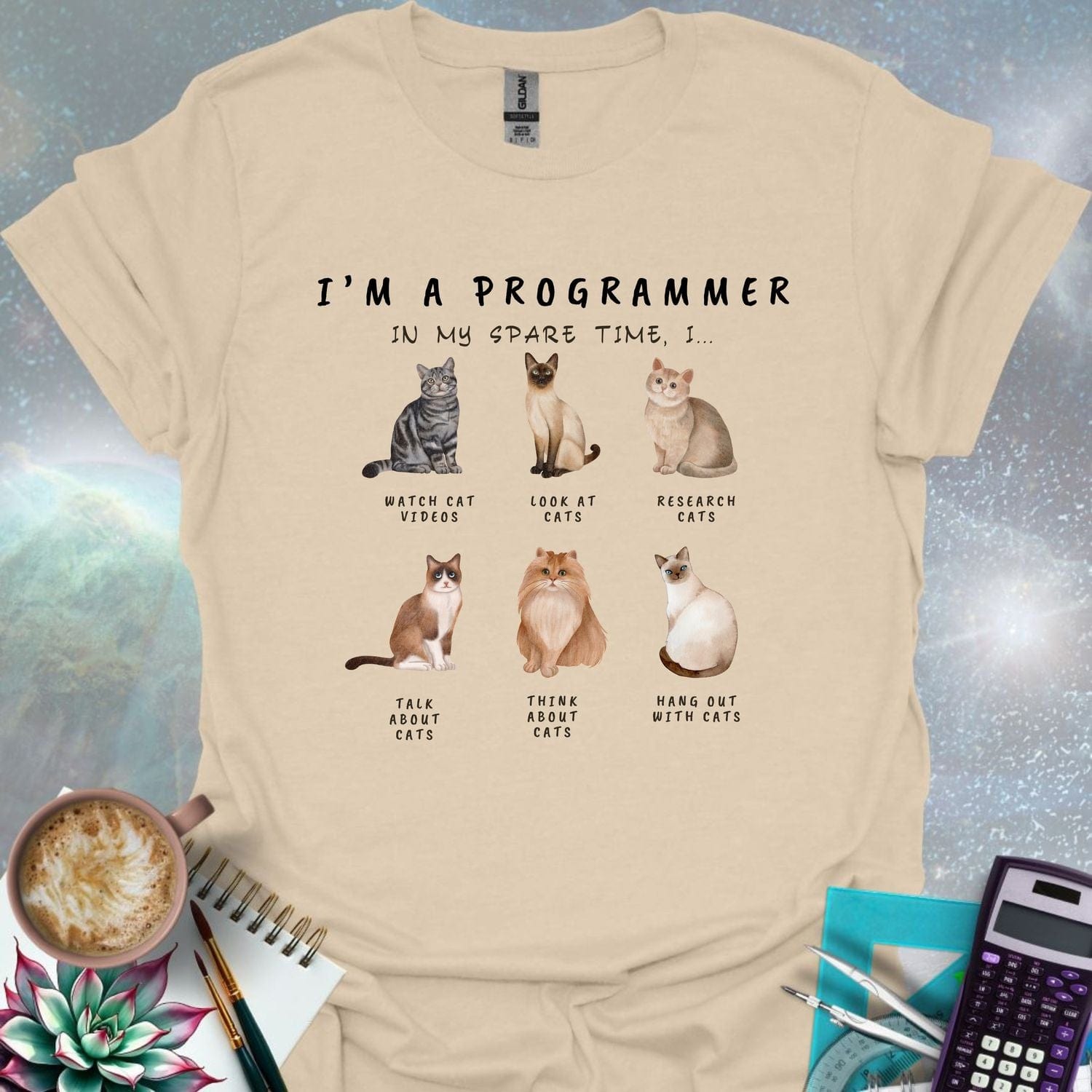 T-shirt design featuring six cat illustrations with the text 'I'm a Programmer - In My Spare Time, I...' and various cat-related activities.