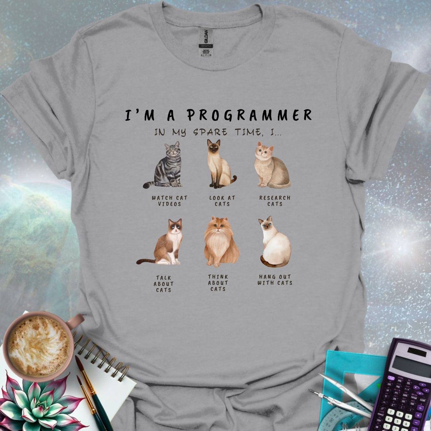 T-shirt design featuring six cat illustrations with the text 'I'm a Programmer - In My Spare Time, I...' and various cat-related activities.