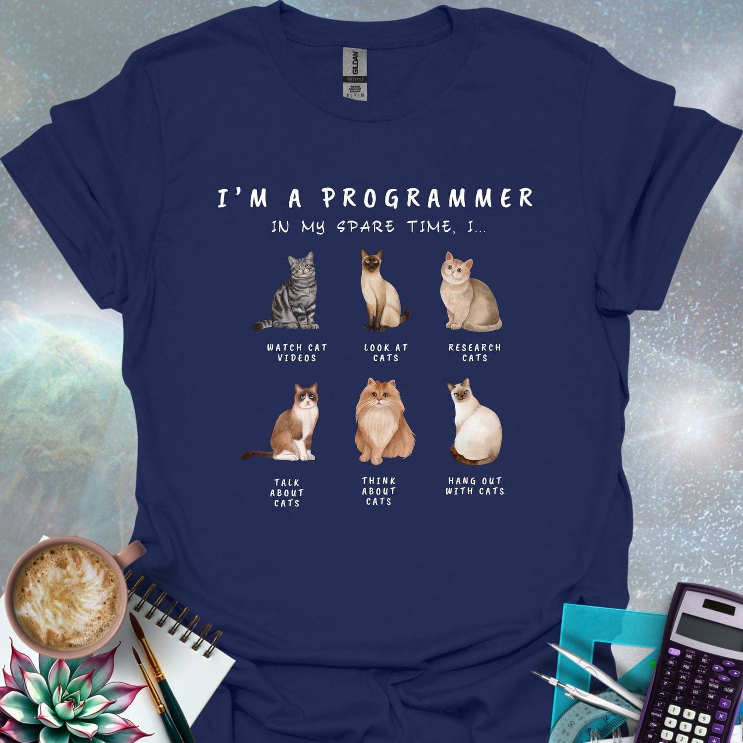 T-shirt design featuring six cat illustrations with the text 'I'm a Programmer - In My Spare Time, I...' and various cat-related activities.