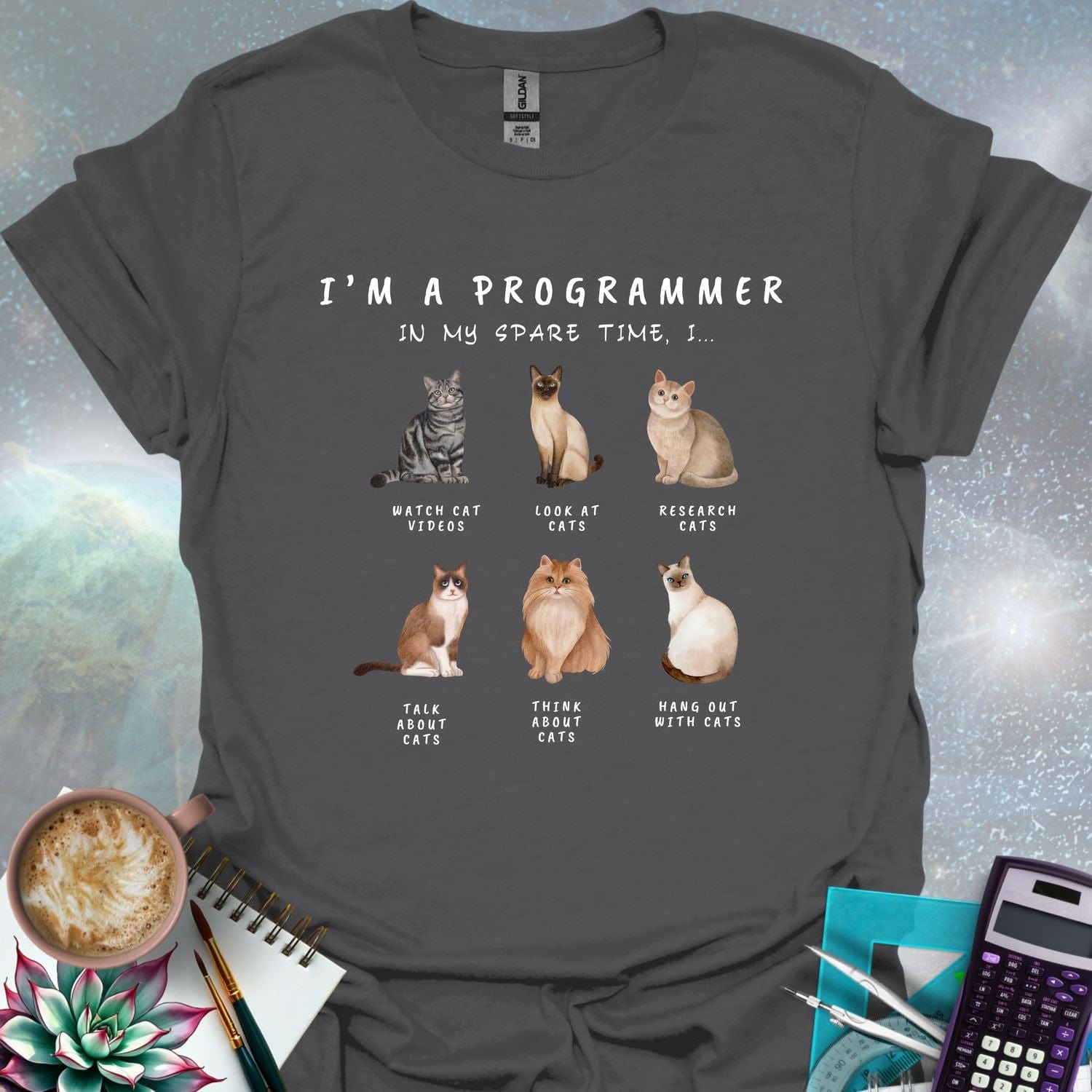 T-shirt design featuring six cat illustrations with the text 'I'm a Programmer - In My Spare Time, I...' and various cat-related activities.