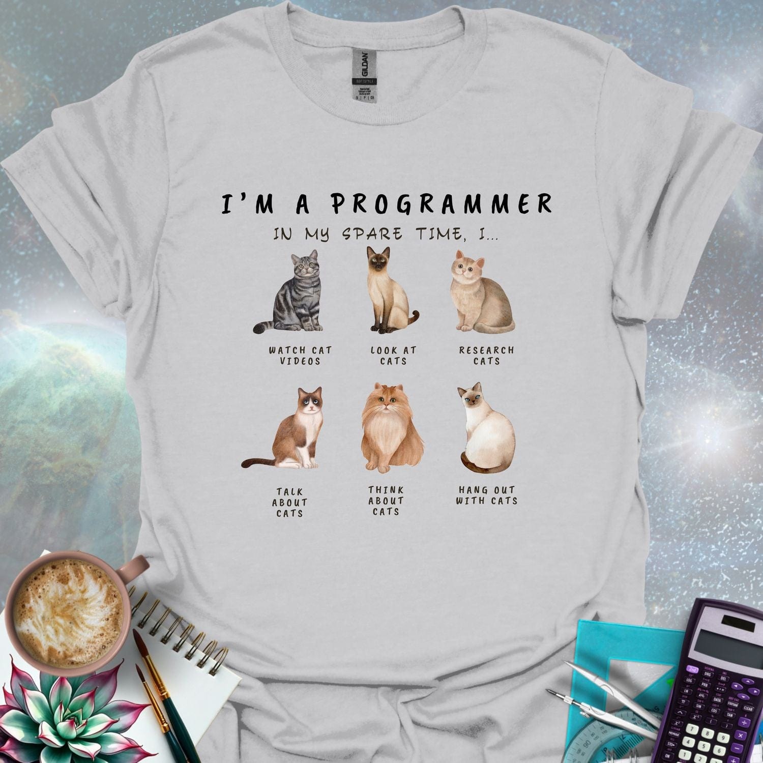 T-shirt design featuring six cat illustrations with the text 'I'm a Programmer - In My Spare Time, I...' and various cat-related activities.