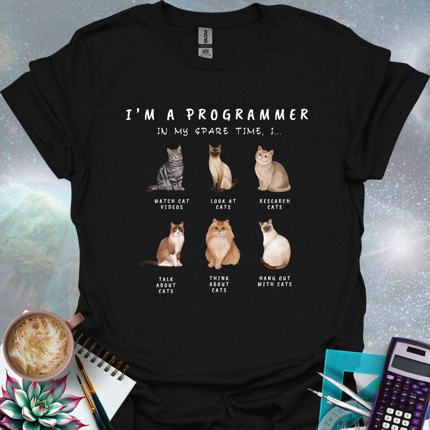 T-shirt design featuring six cat illustrations with the text 'I'm a Programmer - In My Spare Time, I...' and various cat-related activities.