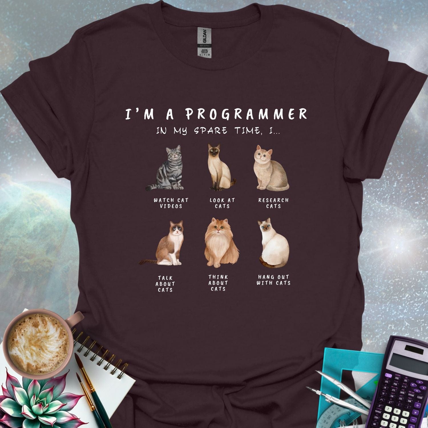 T-shirt design featuring six cat illustrations with the text 'I'm a Programmer - In My Spare Time, I...' and various cat-related activities.