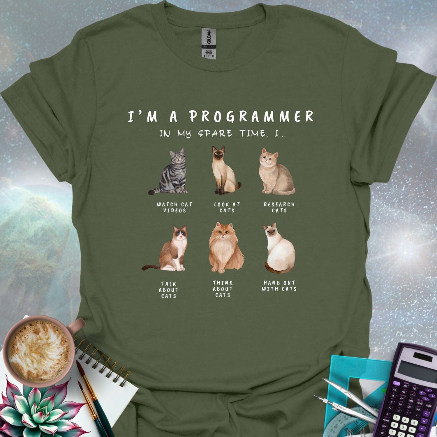 T-shirt design featuring six cat illustrations with the text 'I'm a Programmer - In My Spare Time, I...' and various cat-related activities.