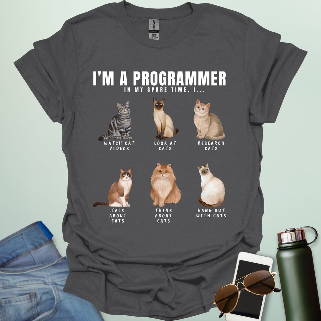 I’m a Programmer: In my spare time I… t-shirt featuring a coding cat graphic, funny programmer cat shirt for software developers and geeks.