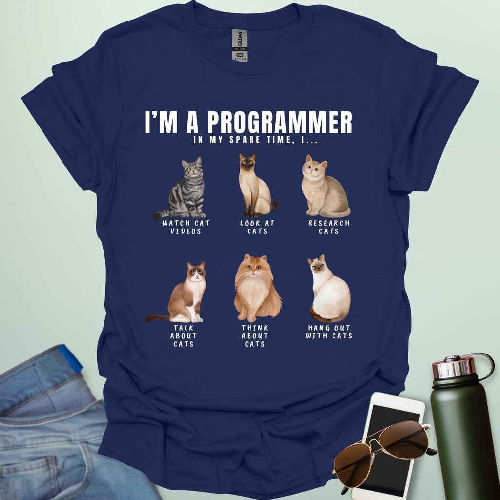 I’m a Programmer: In my spare time I… t-shirt featuring a coding cat graphic, funny programmer cat shirt for software developers and geeks.