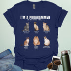 I’m a Programmer: In my spare time I… t-shirt featuring a coding cat graphic, funny programmer cat shirt for software developers and geeks.