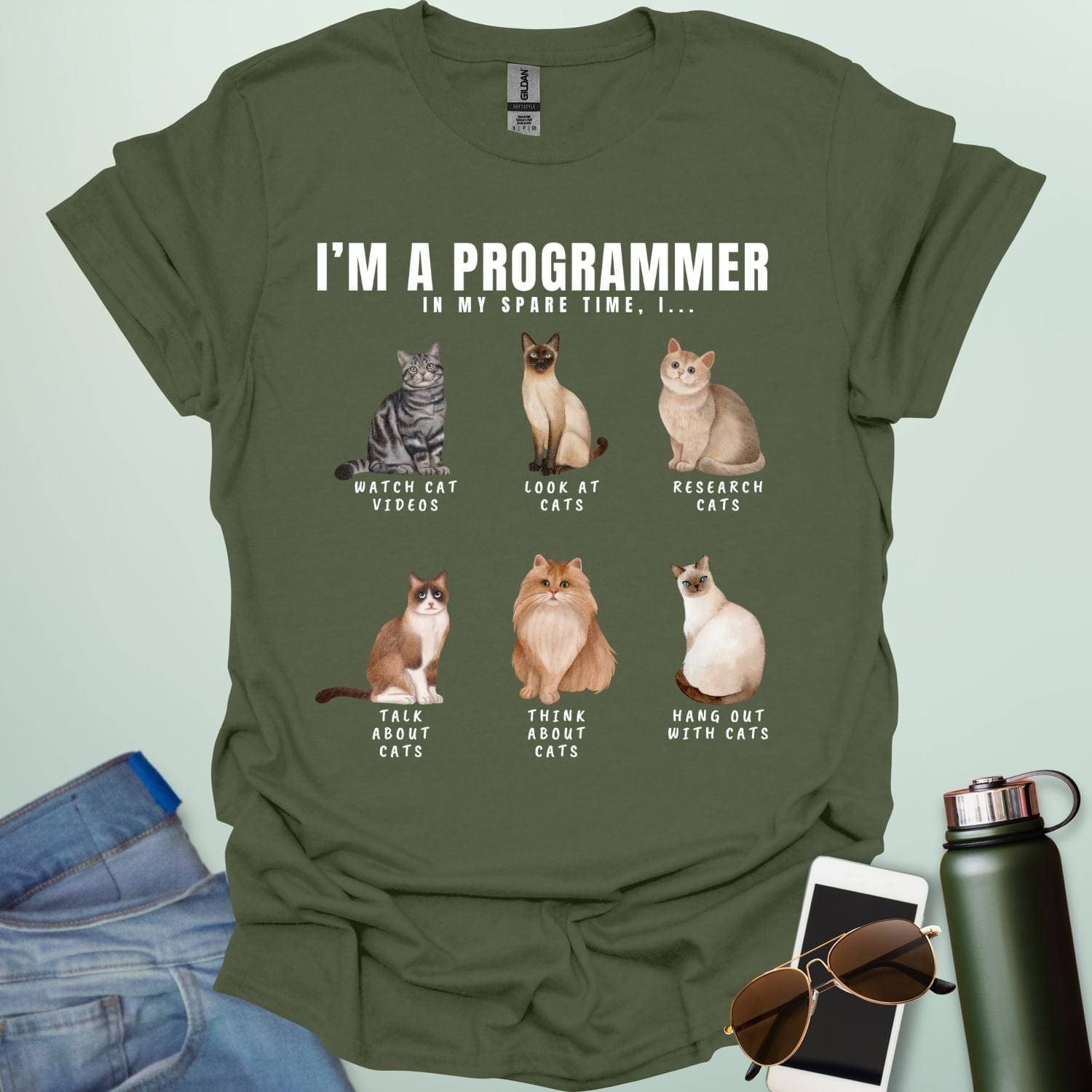 I’m a Programmer: In my spare time I… t-shirt featuring a coding cat graphic, funny programmer cat shirt for software developers and geeks.